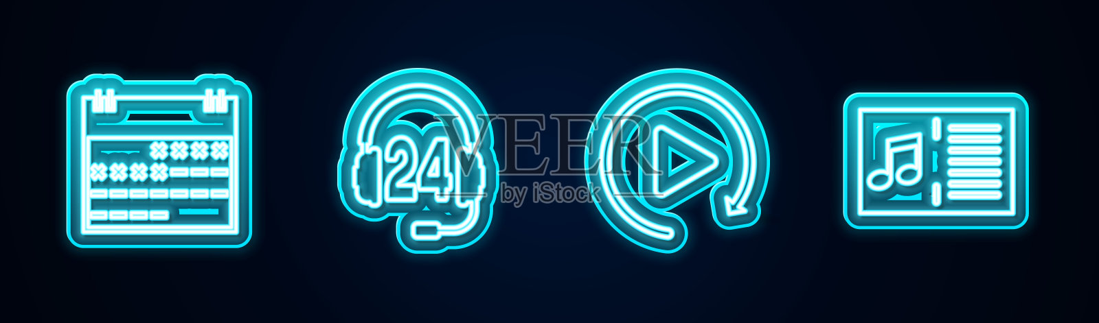 设置线路日历,耳机支持,视频播放按钮和音乐书笔记。发光的霓虹灯图标。向量插画图片素材