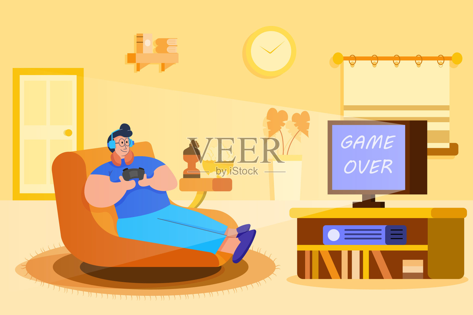 男人在客厅玩电子游戏插画图片素材