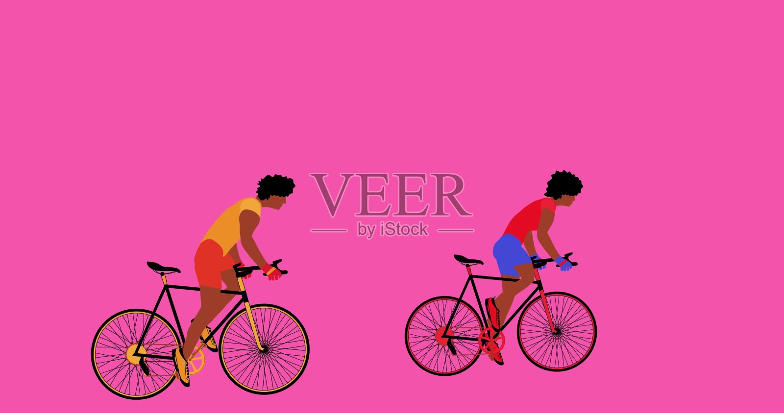 非裔美国人骑着自行车在粉红色的背景上骑车。卡通与阿尔法香奈儿,平面设计插画图片素材