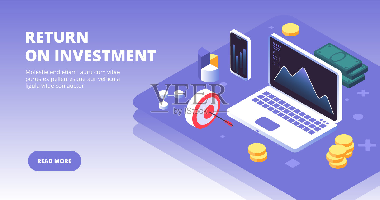 投资旗帜。用笔记本电脑、智能手机和金钱符号投资资本、收益和利润。成功投资者矢量概念插画图片素材