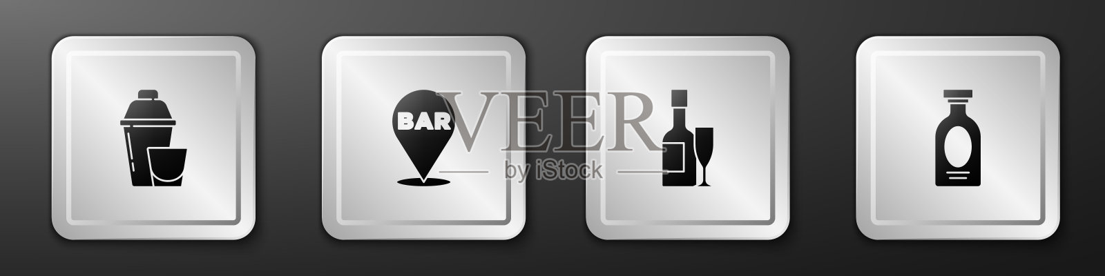 设置鸡尾酒调酒器,酒吧位置,香槟瓶和酒杯和喝朗姆酒的图标。银广场按钮。向量图标素材