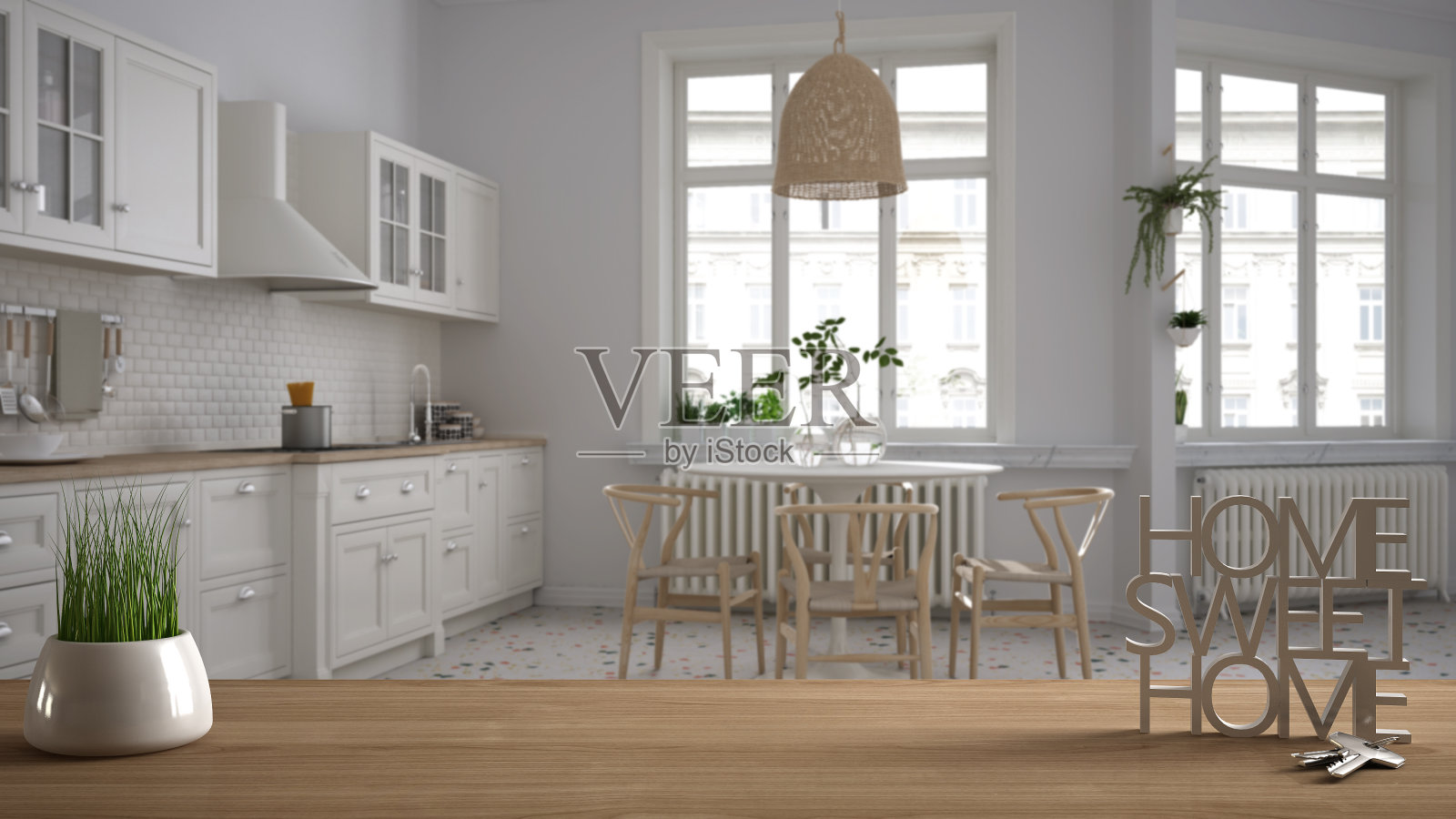 木制的桌子,书桌或架子与盆栽草植物,房子钥匙和3D字母家甜蜜的家,在复古厨房和餐厅,建筑室内设计,复制空间背景照片摄影图片