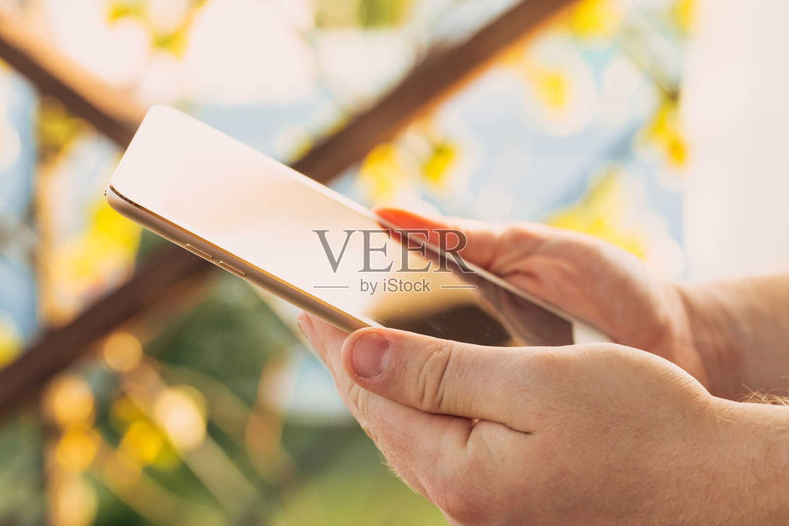 在绿色自然的背景下,男性的手拿着一个电子平板模拟你的短信或信息内容照片摄影图片