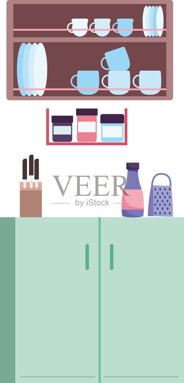 厨房内部刨丝餐具在架子植物插画图片素材