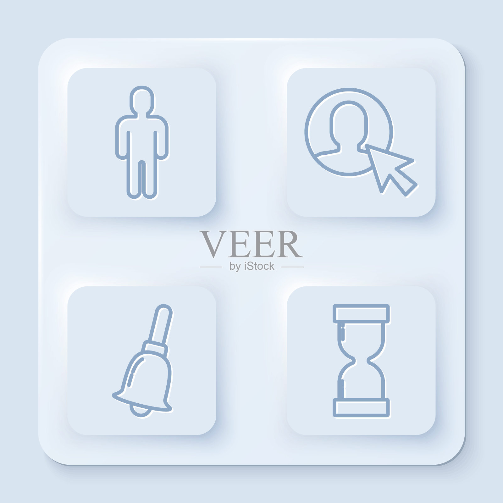 集西服男人用户,西服男人用户,摇铃和老沙漏流沙。白色正方形按钮。向量图标素材