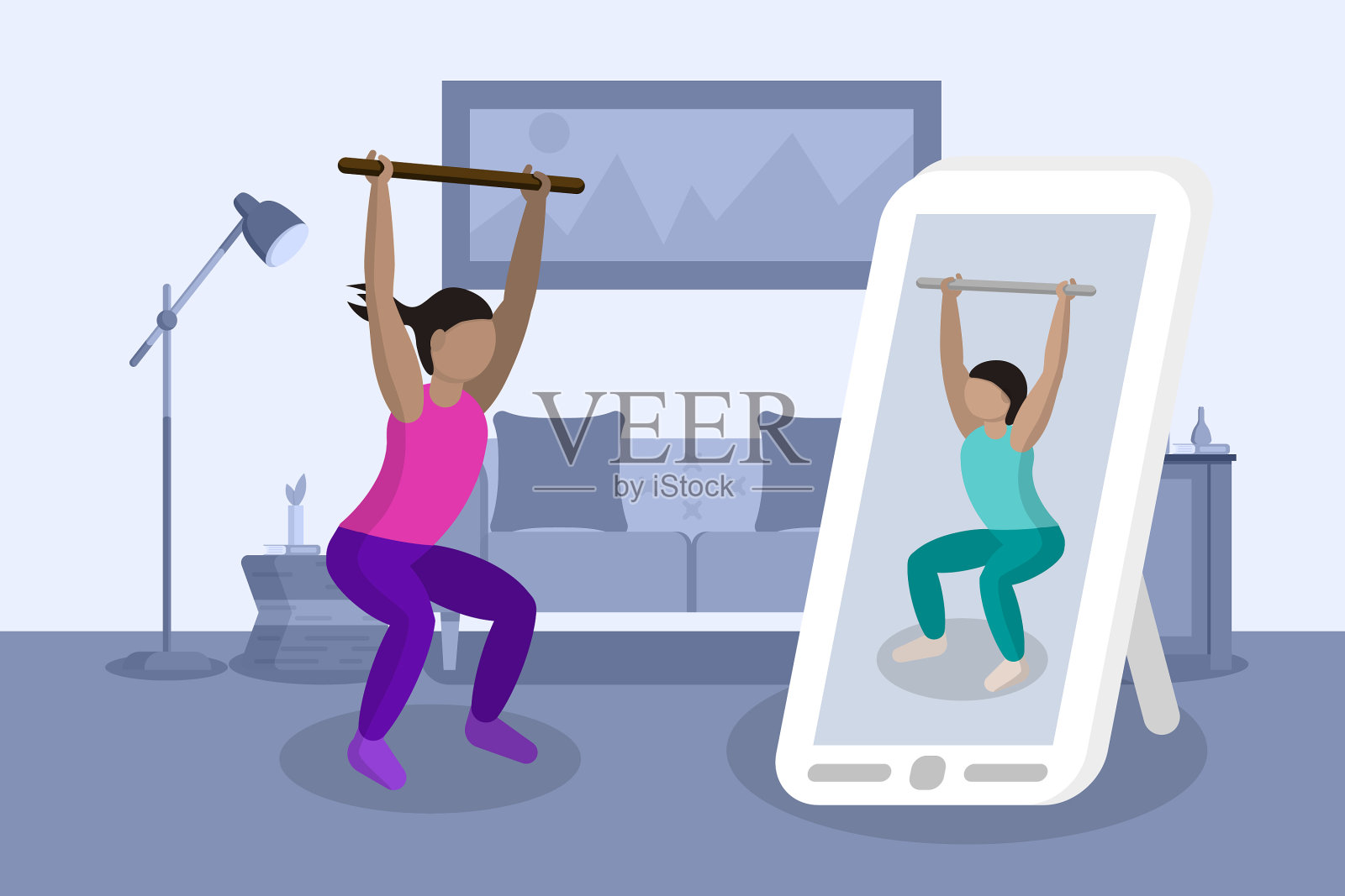 自我隔离概念运动在家在线插画图片素材