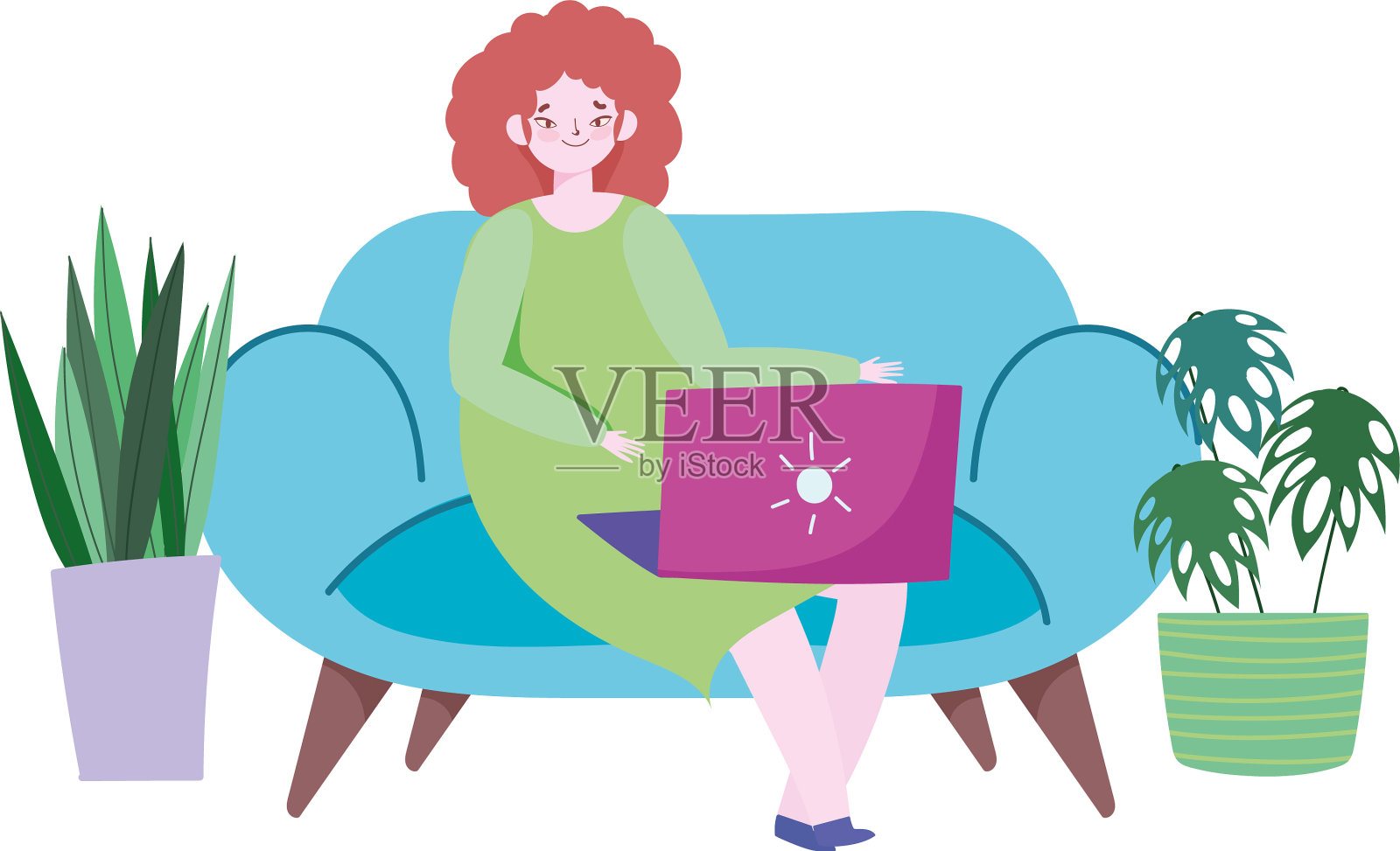 远程工作的年轻女人用笔记本电脑工作设计元素图片