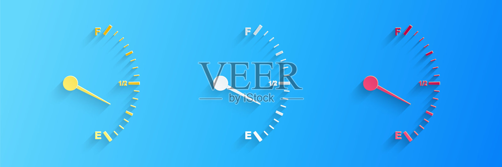 纸切割电机油表图标隔离在蓝色背景。空油量表。加满。纸艺术风格。向量插画图片素材