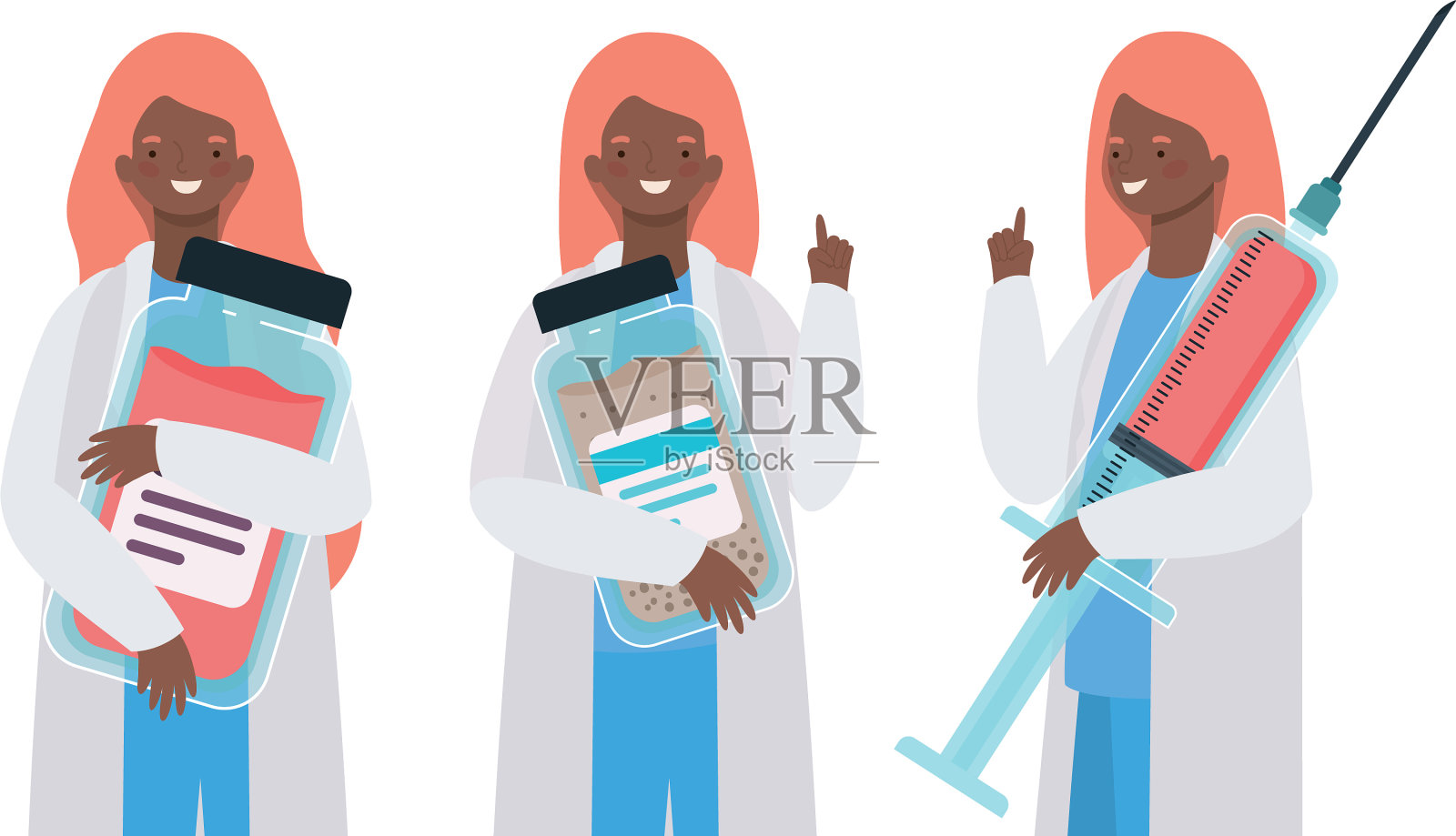 女医生穿着制服,注射和吃药插画图片素材