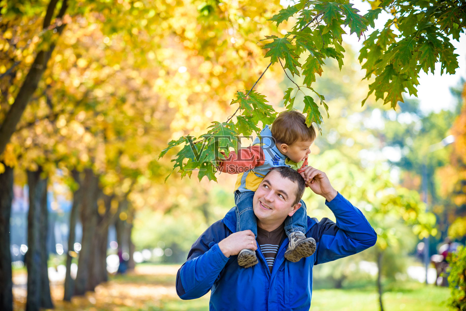 家庭、童年和父亲的概念。快乐的父亲带着儿子的枫叶越过秋天公园的背景。秋天的心情。积极的情感。的生活方式。照片摄影图片
