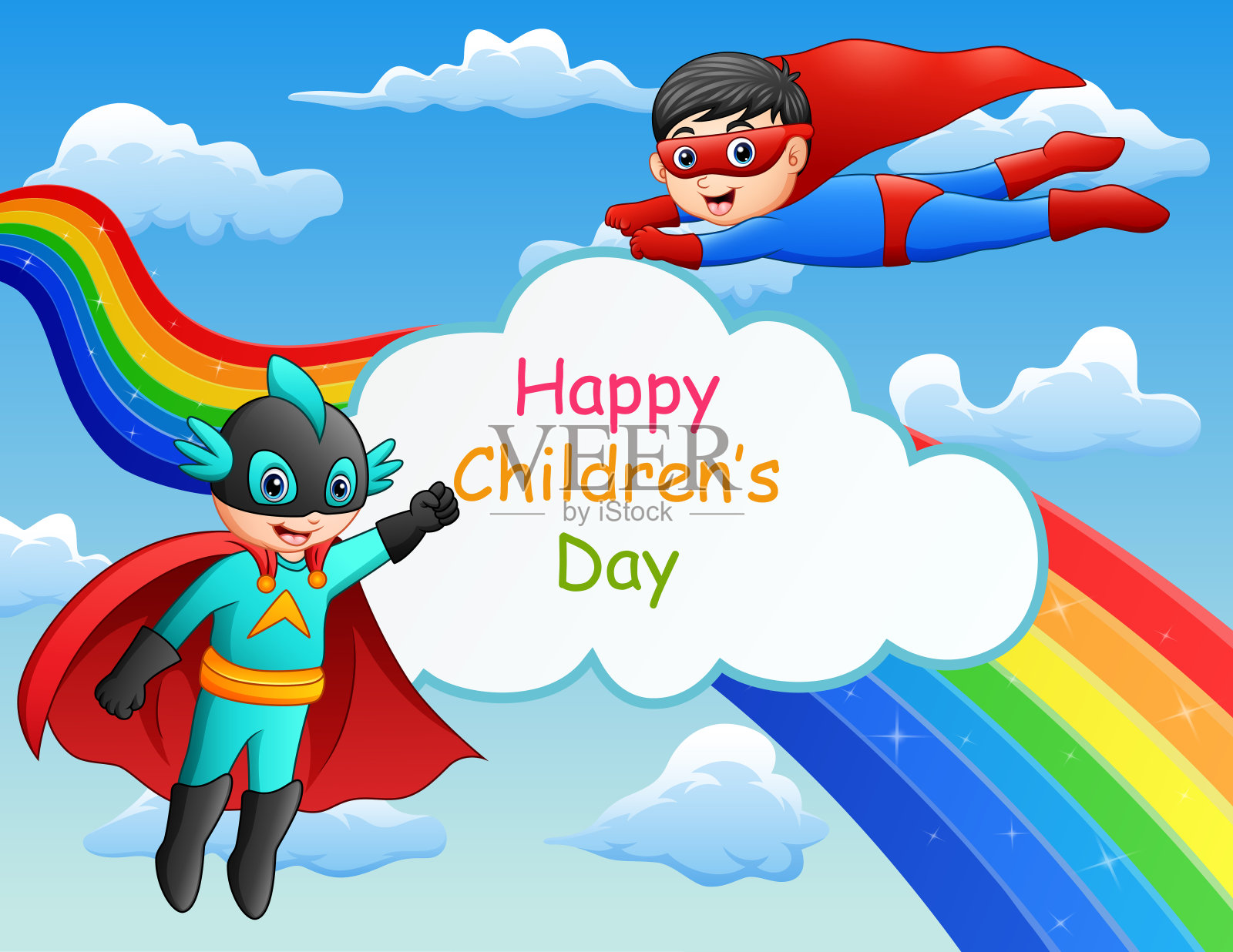 快乐的儿童节模板与超级英雄孩子在天空中飞行插画图片素材