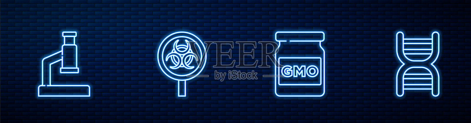 设置转基因、显微镜、生物危害、放大镜、DNA符号等系列产品。砖墙上发光的霓虹灯图标。向量插画图片素材