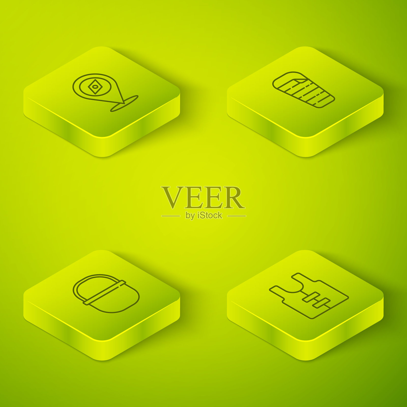 设定等距线睡袋,露营壶,救生衣和指南针图标。向量图标素材