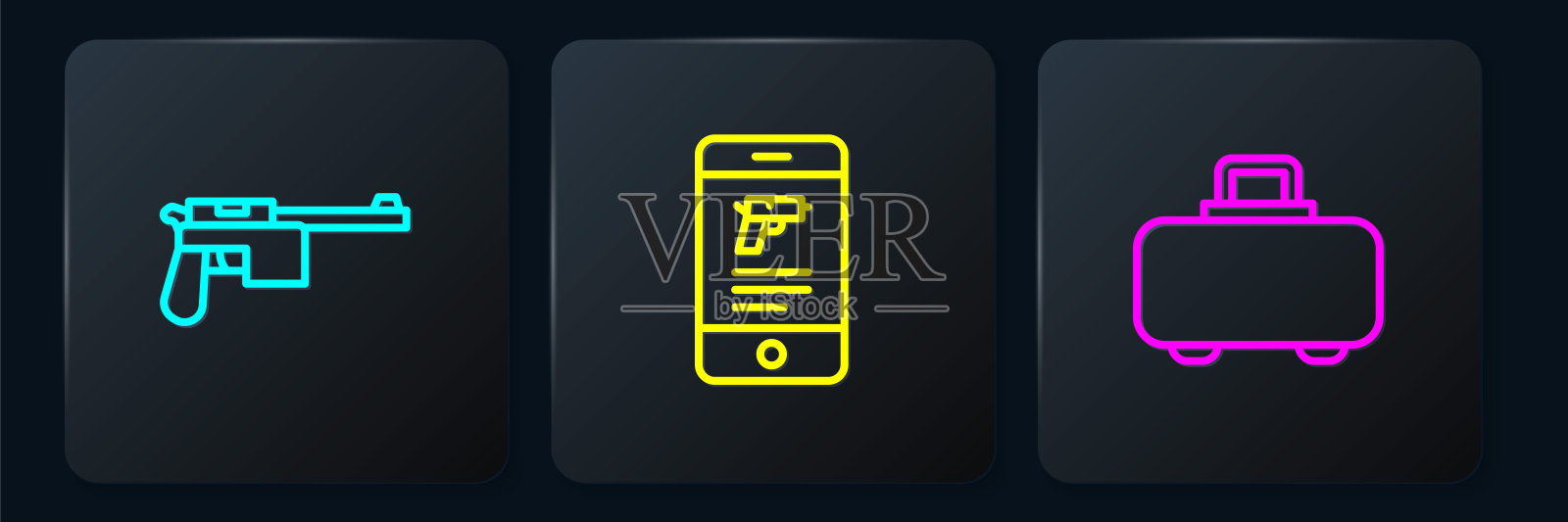 设置线毛瑟枪,武器盒和商店武器在移动应用程序。黑色方形按钮。向量插画图片素材