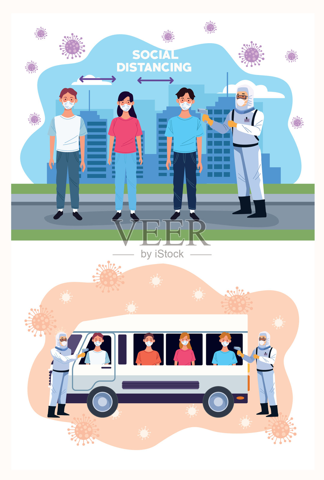 医生在巴士上检查体温插画图片素材