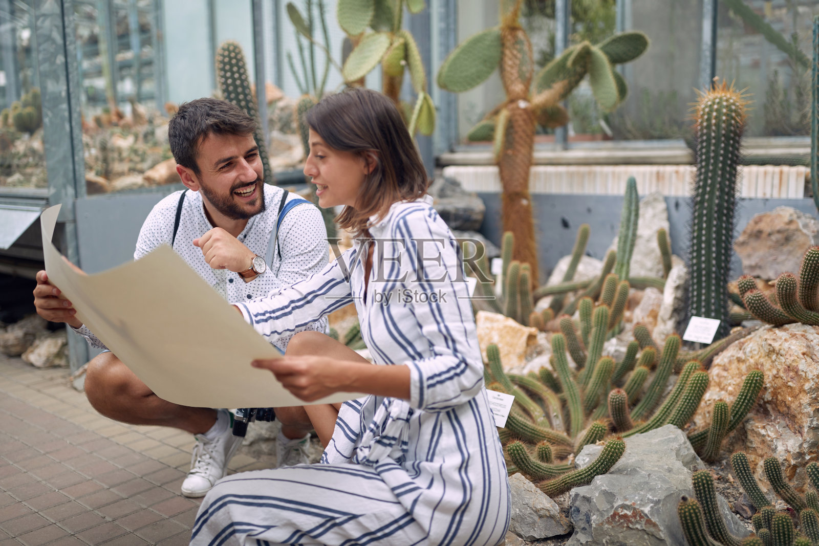 研究植物园地图的年轻同事们照片摄影图片