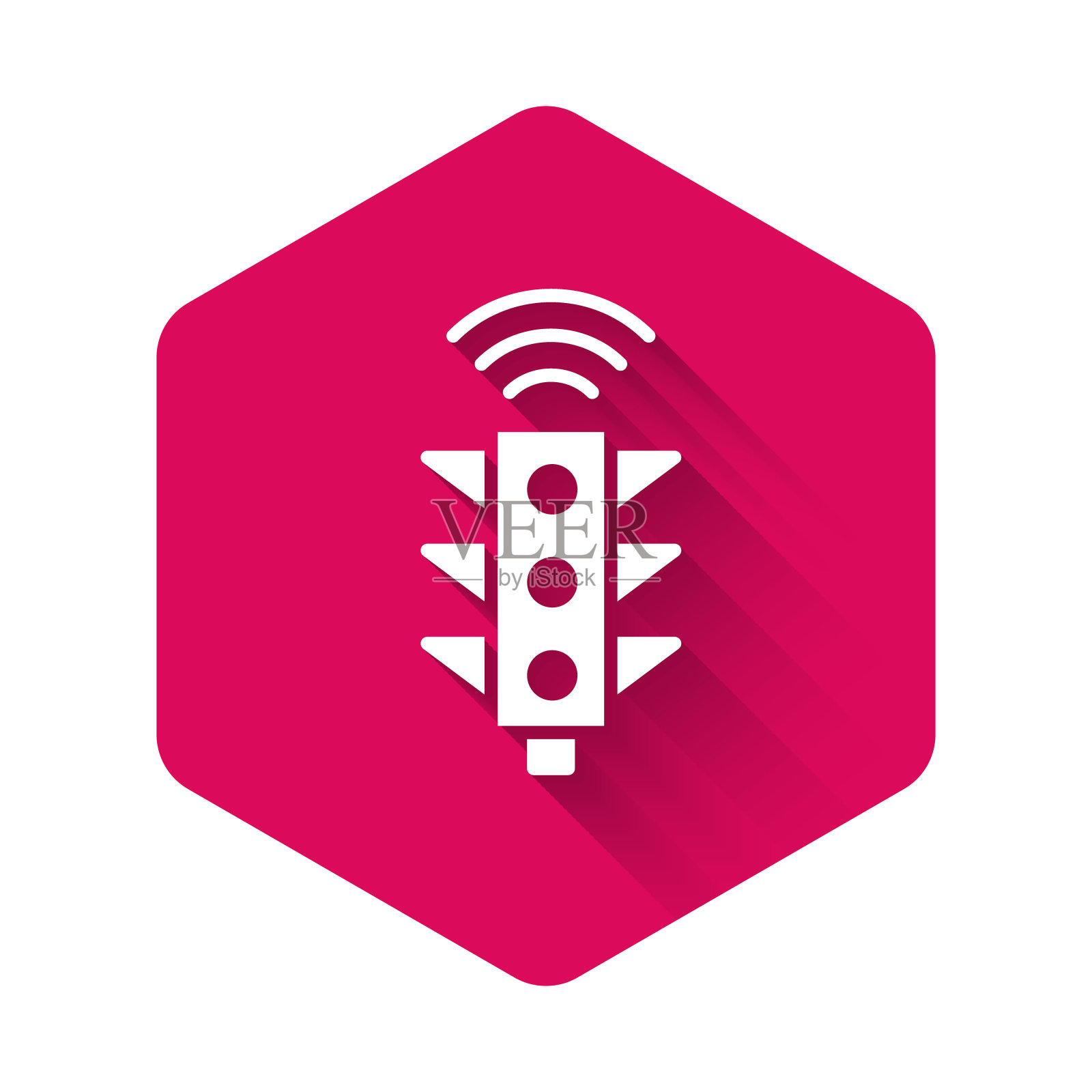 白色智能交通灯系统图标孤立有长长的阴影。物联网概念与无线连接。粉色六角形按钮。向量图标素材