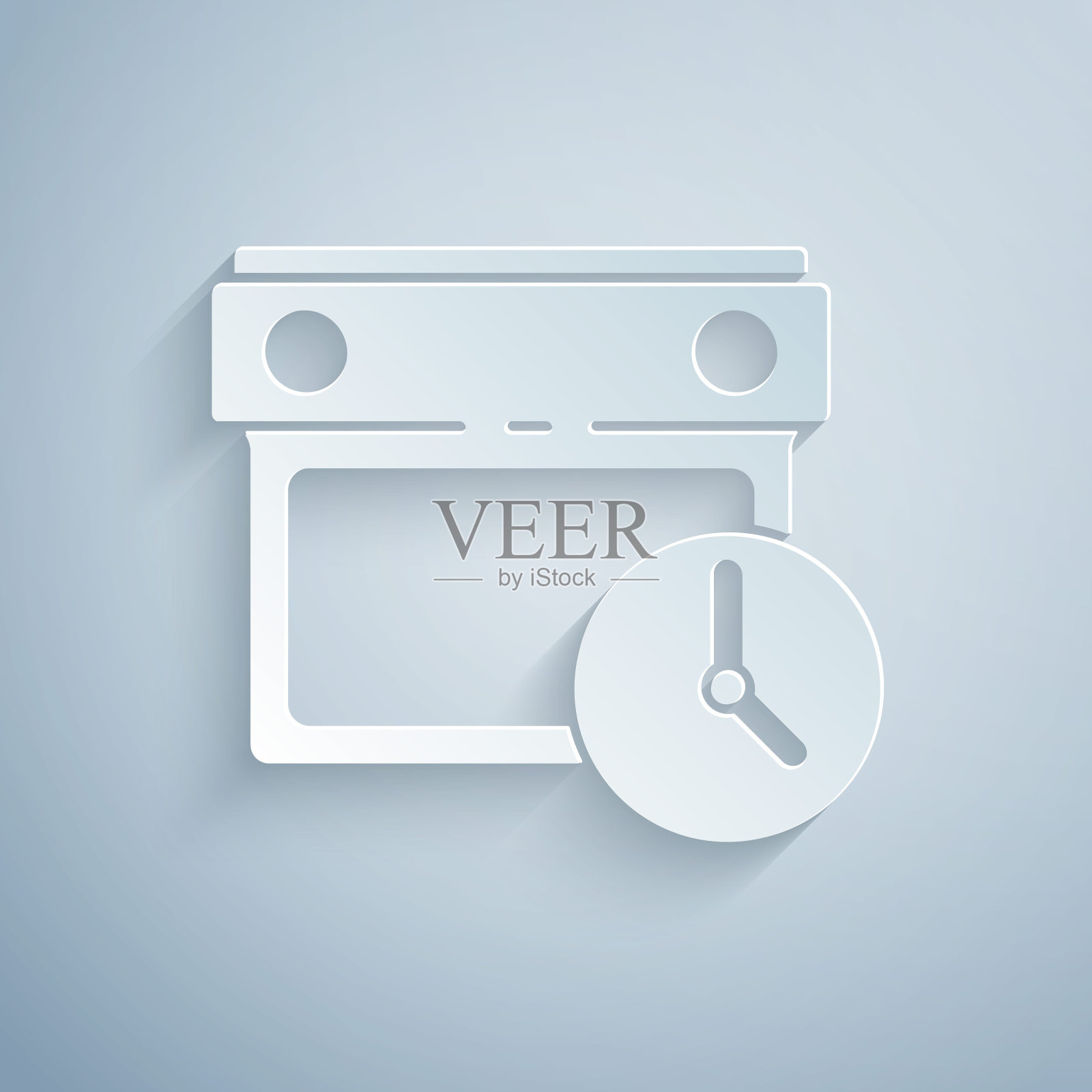 剪纸日历和时钟图标孤立在灰色背景。时间表,预约,组织者,时间表,时间管理。纸艺术风格。向量图标素材