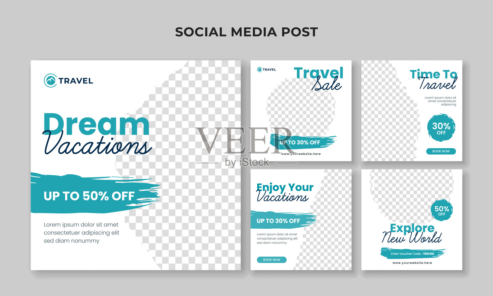 梦想假期社交媒体发布模板。旅游旗帜集合设计模板素材