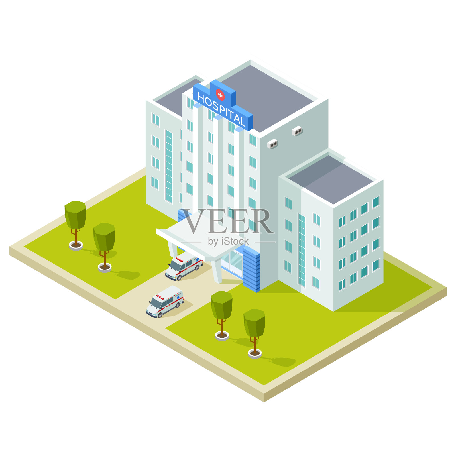 等距医院建筑和救护车矢量插图插画图片素材