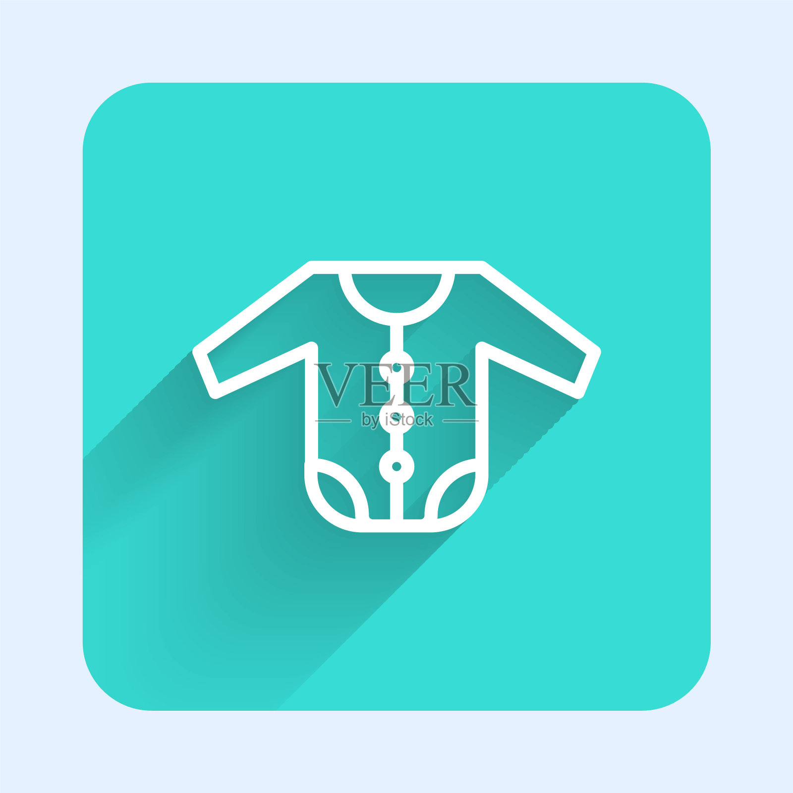 白色线婴儿服装图标孤立与长影子。给男婴和女婴穿的婴儿服装。婴儿紧身衣裤。绿色广场按钮。向量插画图片素材