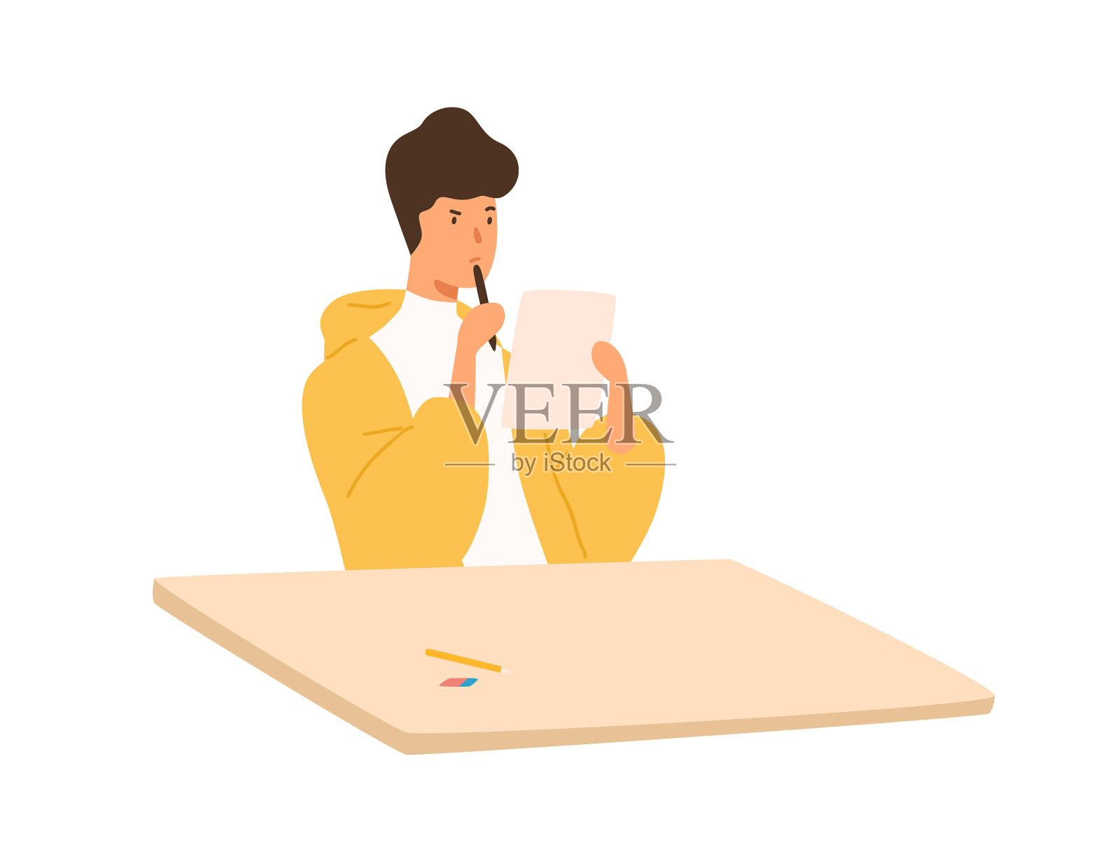 沉思的学生拿着纸和笔设计元素图片