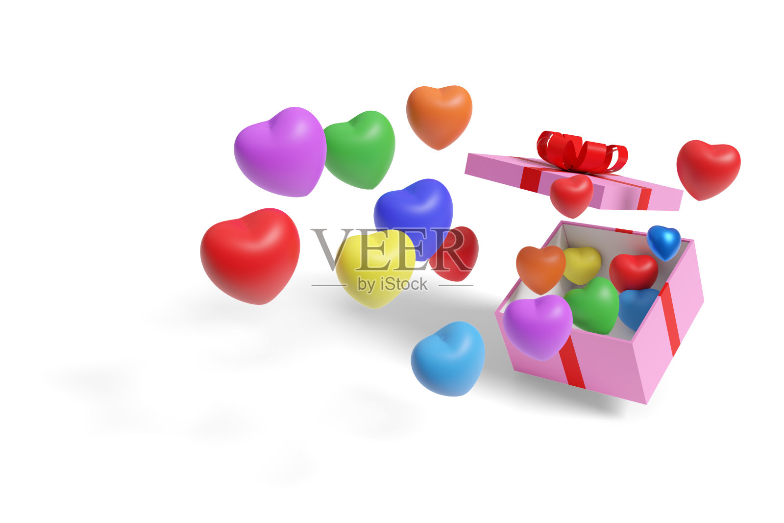 彩色的心从一个粉红色的礼盒与红色的弓孤立在白色的背景。3 d演示。照片摄影图片