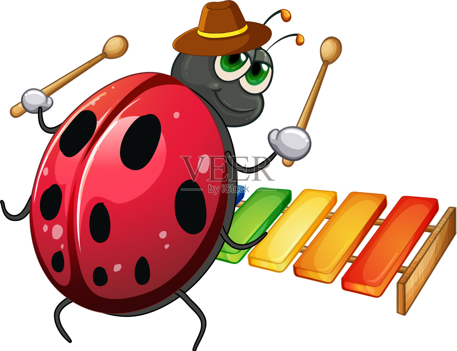 瓢虫在白色背景上弹奏木琴设计元素图片