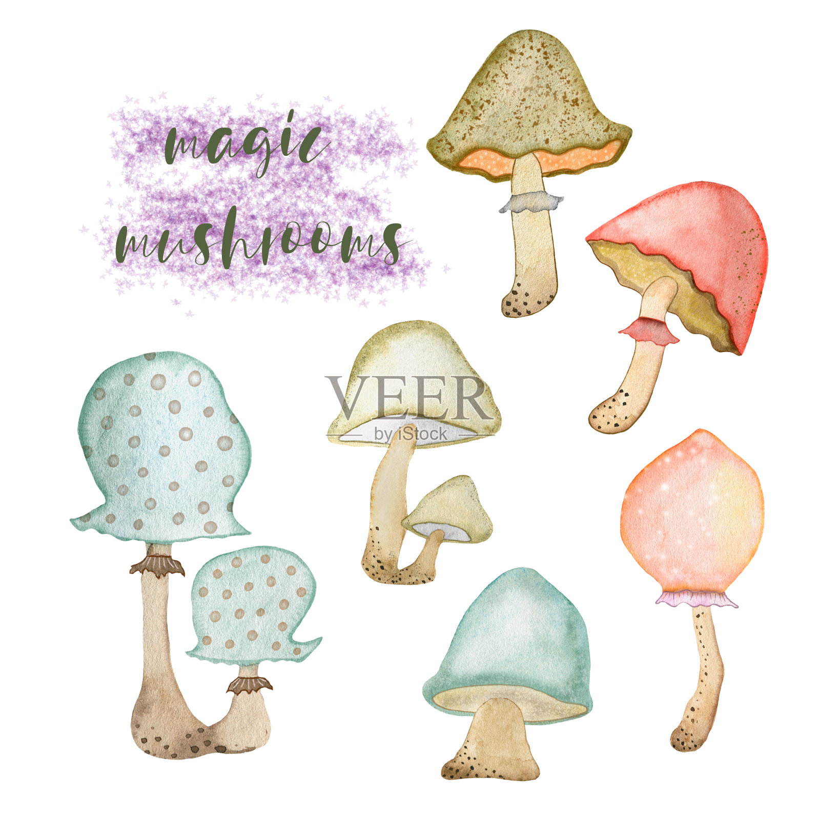 一套神奇的卡通蘑菇水彩画插图。手绘水彩,适用于各种类型的设计和印刷。插画图片素材