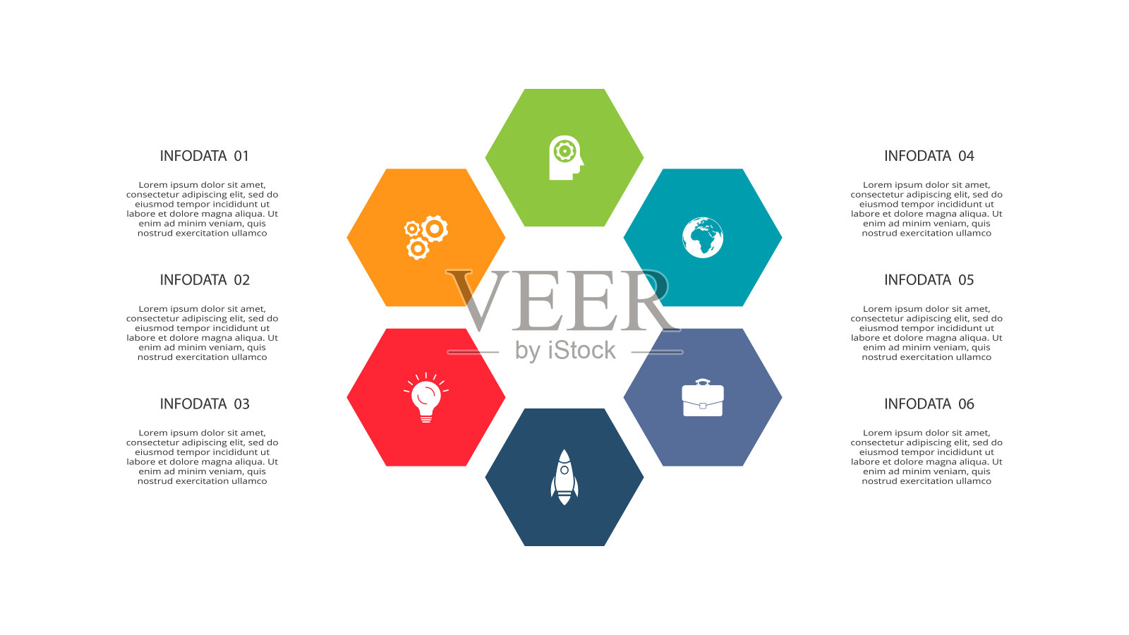 具有6个步骤、选项、部件或过程的信息图表的创意概念。业务数据可视化插画图片素材
