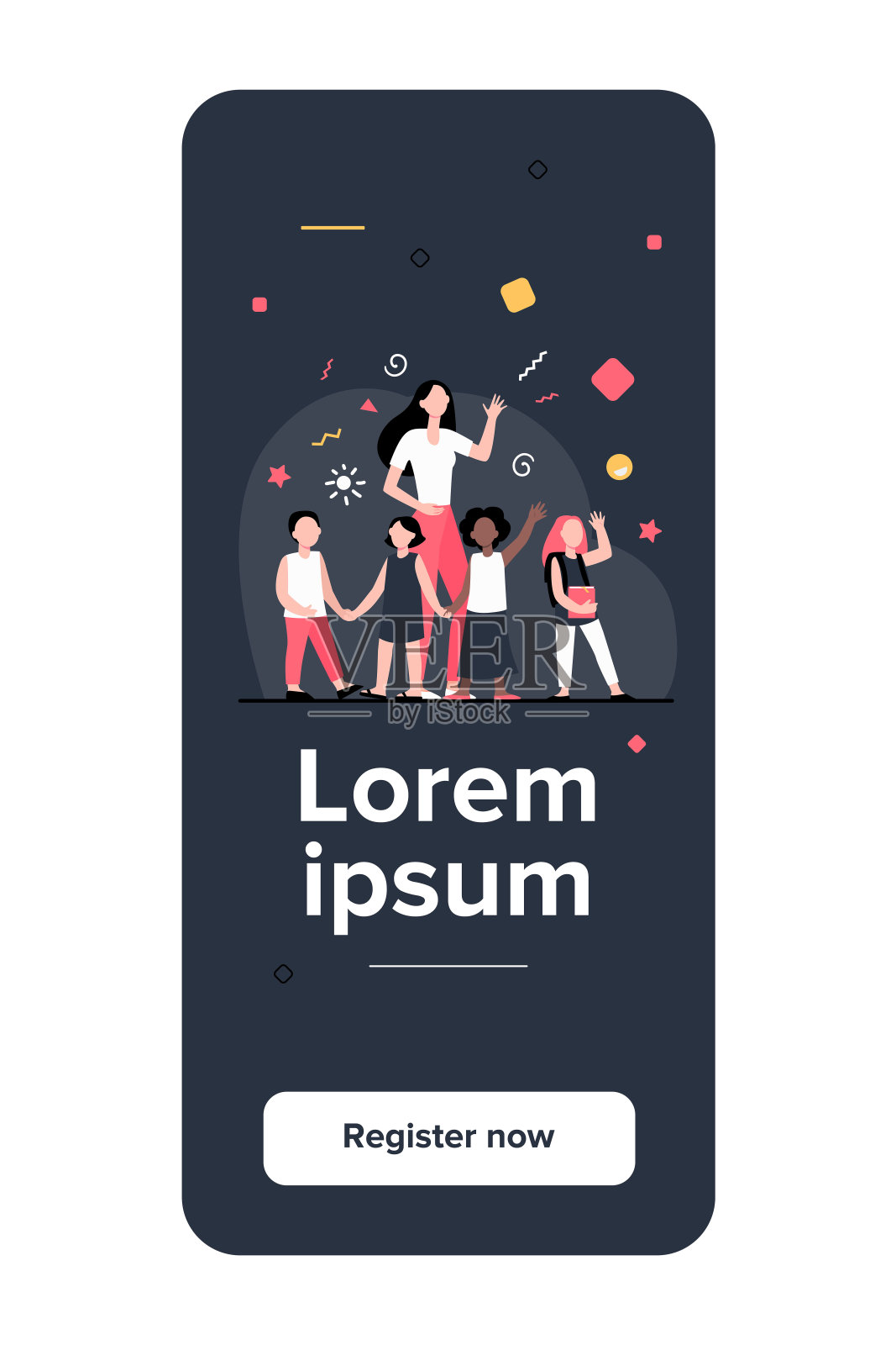 年轻的老师和快乐的孩子们插画图片素材