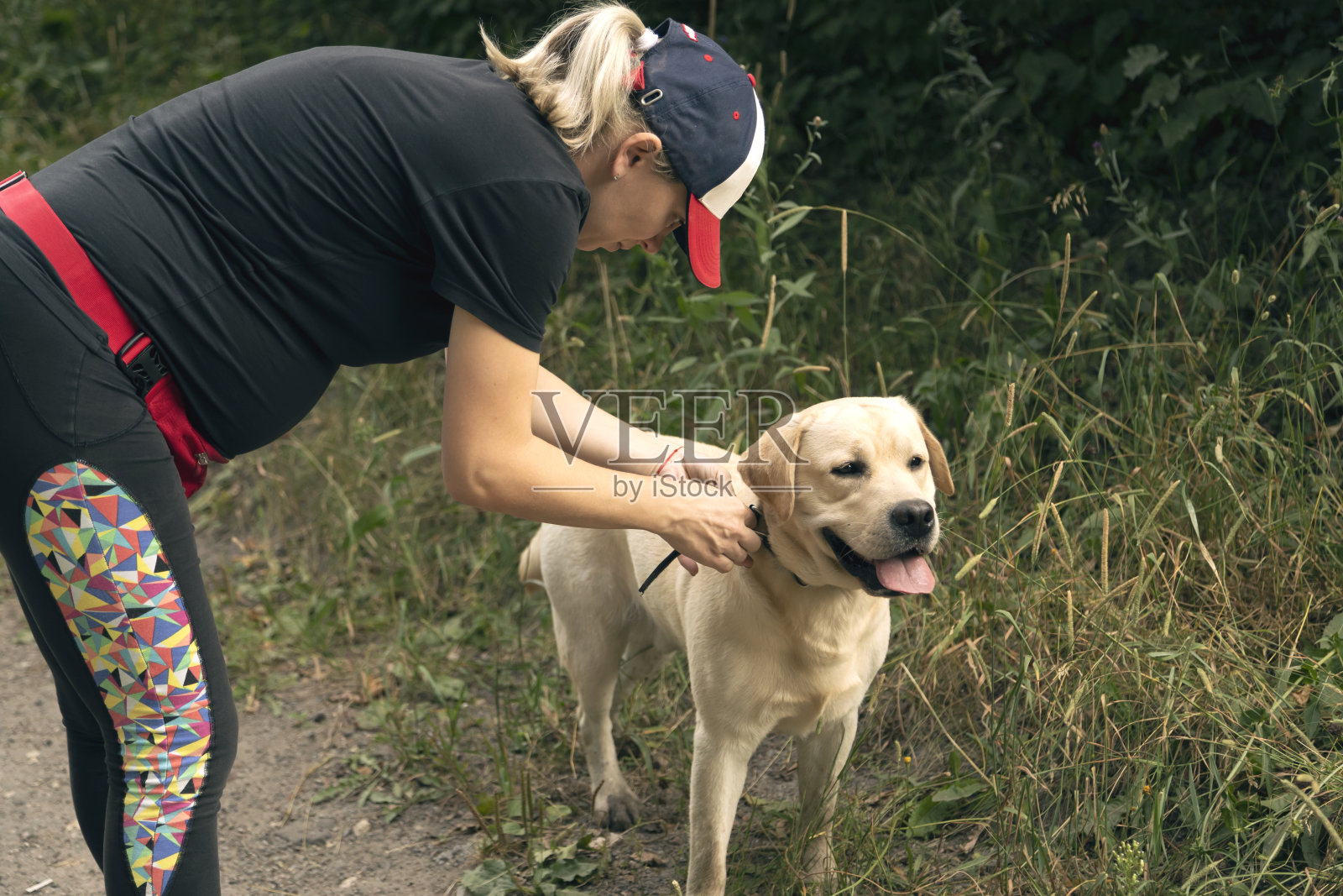 一个年轻的孕妇在遛狗。照片摄影图片