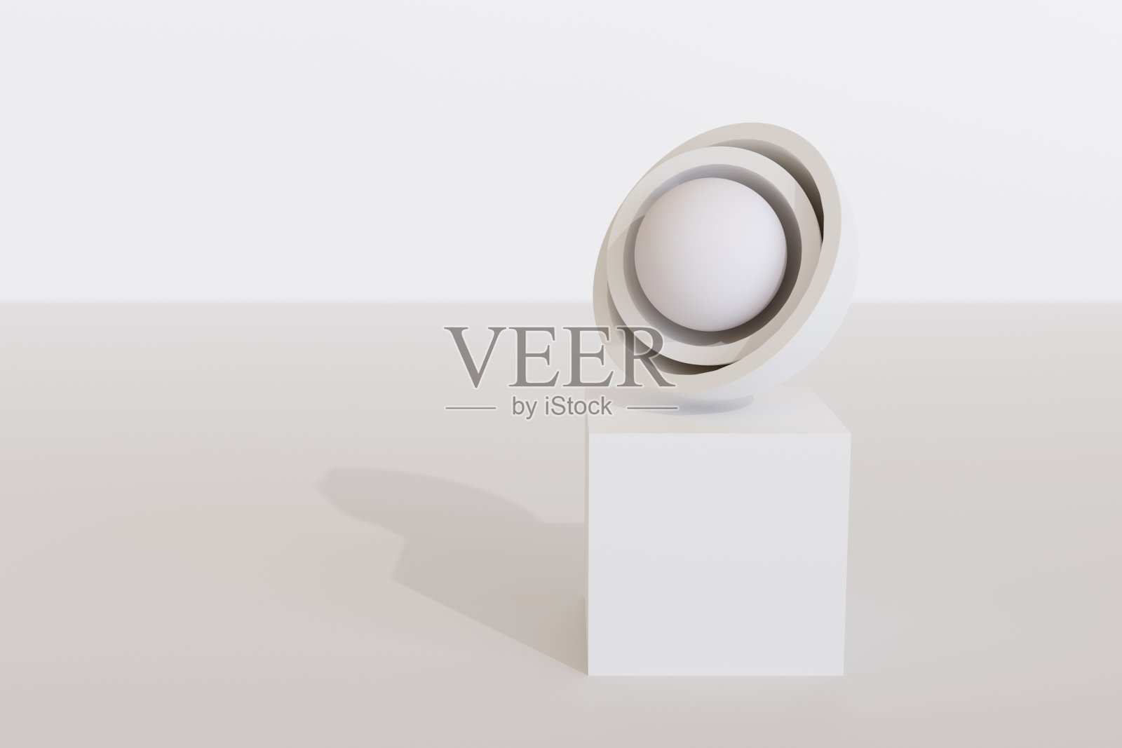 在带有白色背景的立方体上,两个半球形帽内的球体。抽象艺术。3 d演示。照片摄影图片