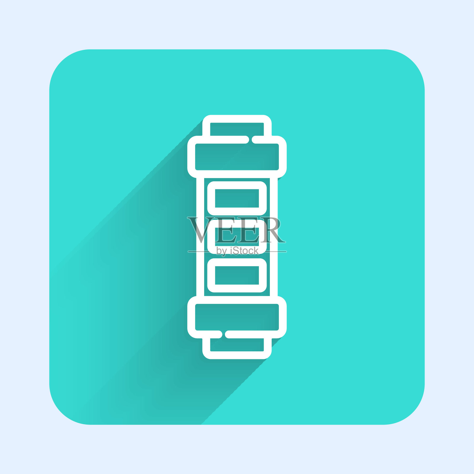 白线电池电量指示图标与长阴影隔离。绿色广场按钮。向量插画图片素材