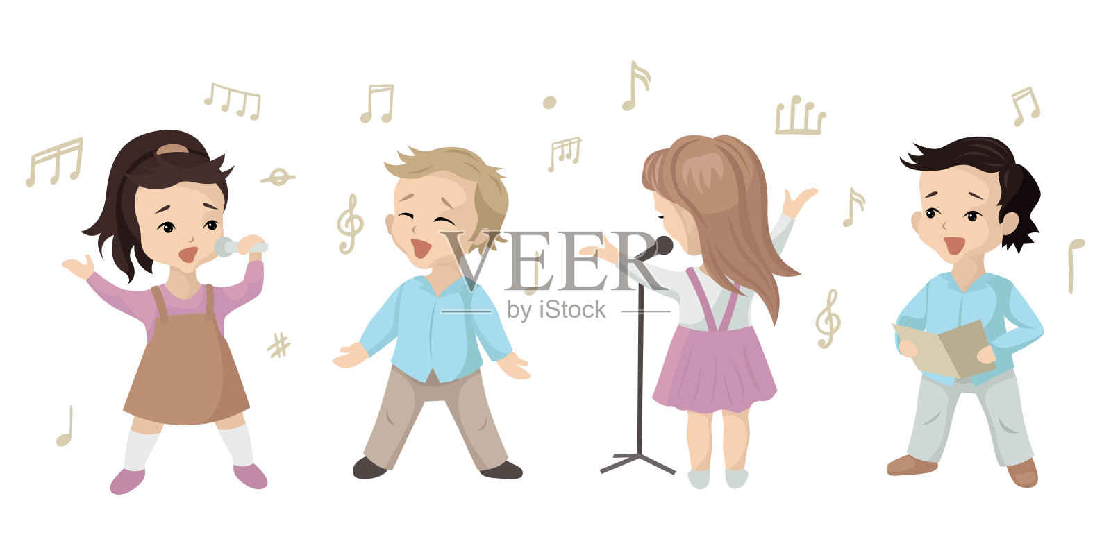 孩子们在音乐课或唱诗班中唱一首歌,一组角色。矢量插图上的白色背景插画图片素材