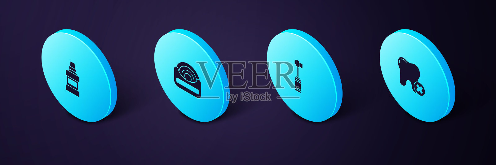 设置等距牙齿与龋齿,牙刷,牙线和漱口水瓶图标。向量图标素材