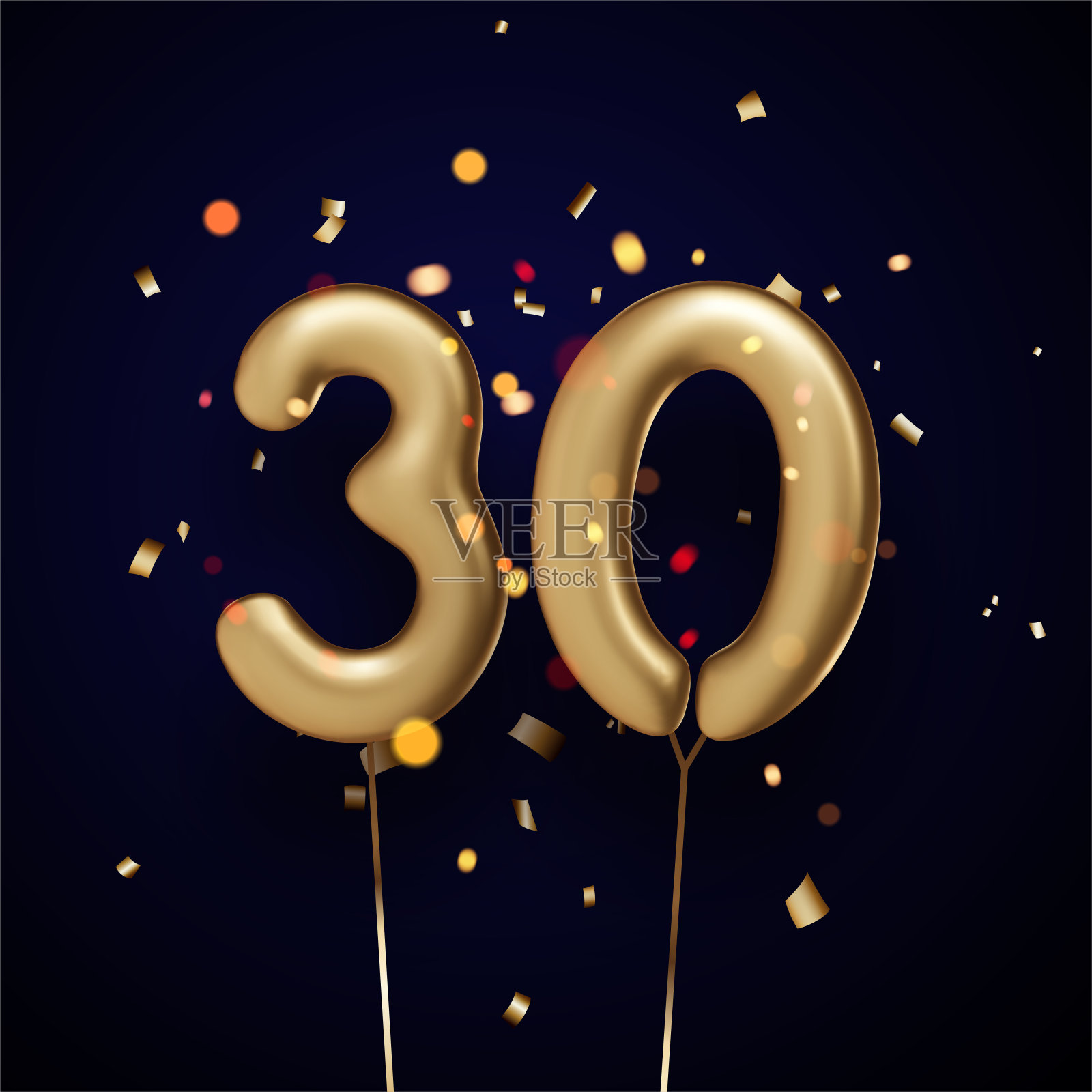 30个标志金色气球与线在黑色的背景。插画图片素材