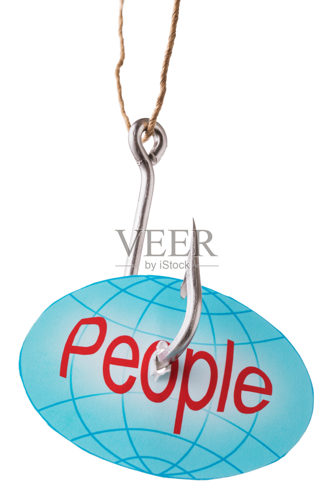 在鱼钩上,白色背景上独立的文本标签。人类危害概念照片摄影图片