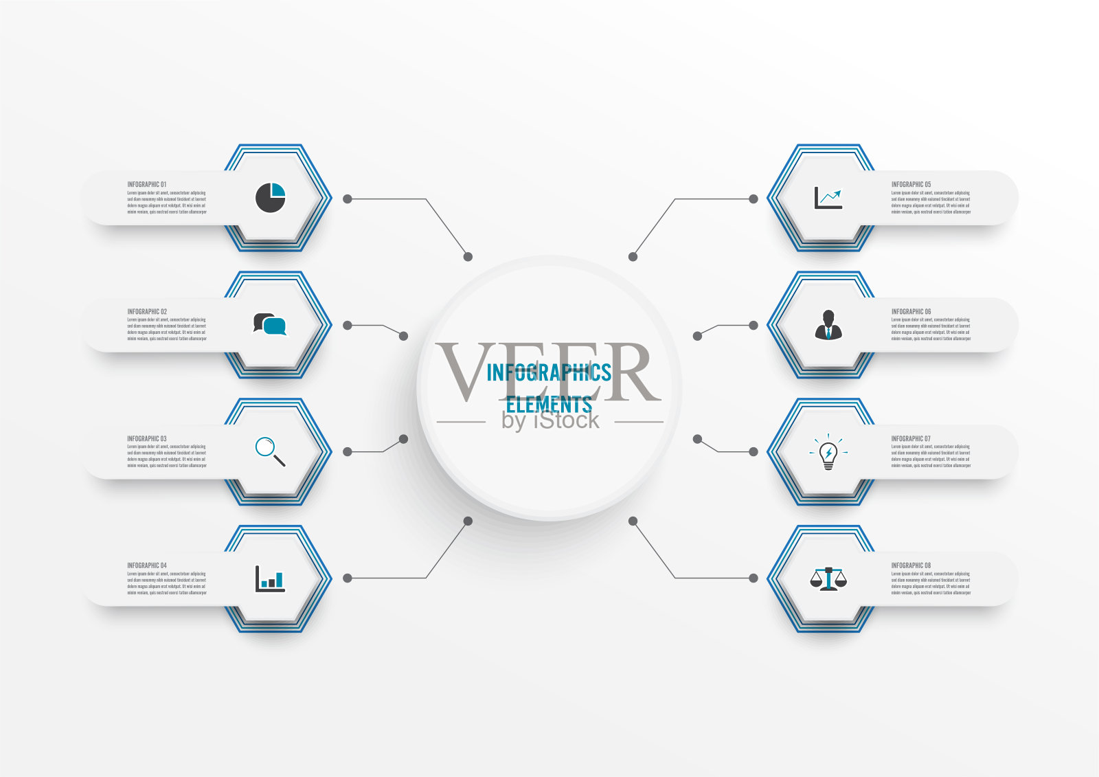 矢量信息图形模板与3D纸标签,集成圆。有8种选择的经营理念。用于内容、图表、流程图、步骤、零件、时间轴信息图、工作流程、图表。设计模板素材