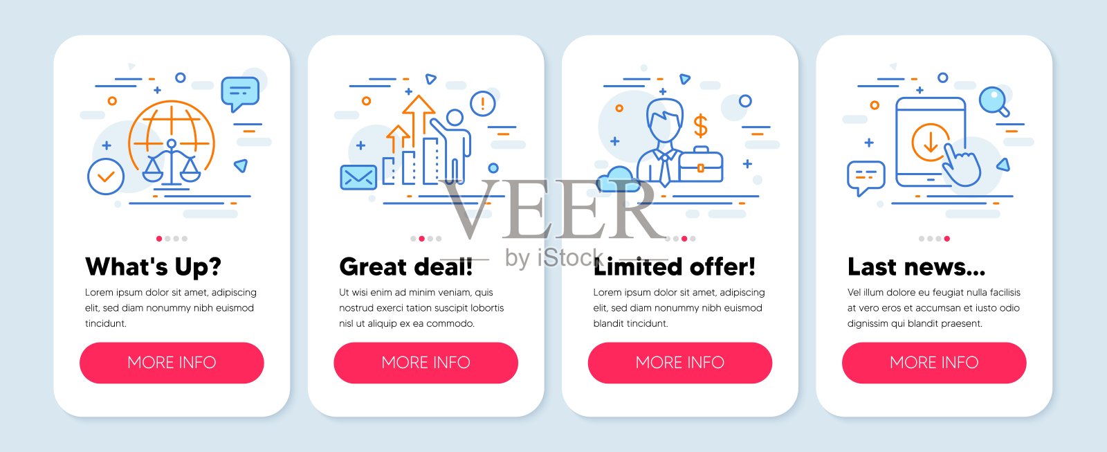 一组商业图标,如治安法庭,雇员结果,商人案件符号。向量设计模板素材