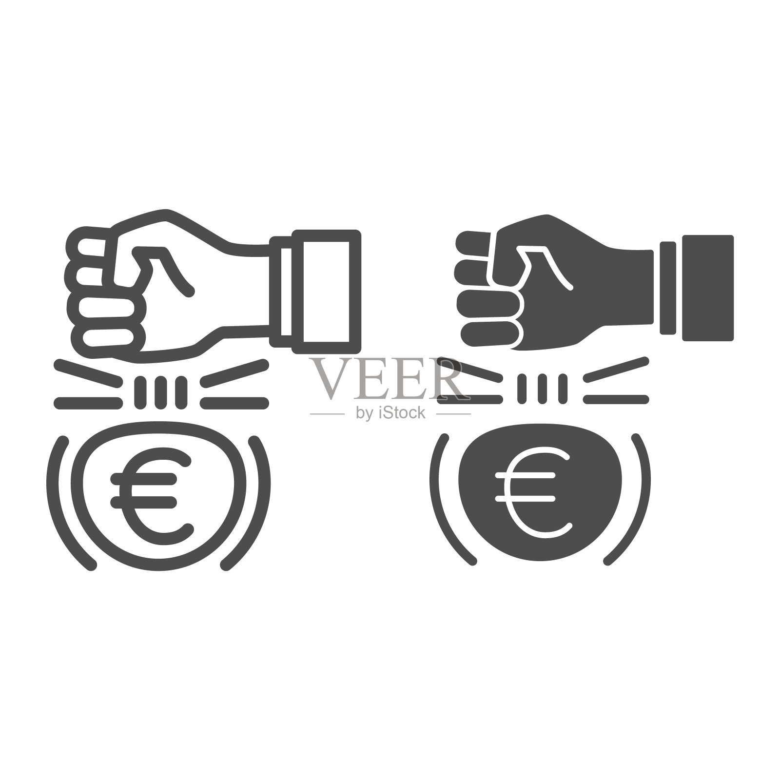 拳头和欧元货币线和固体图标,经济制裁概念,打击欧元与手臂标志在白色背景,欧洲货币下踢图标轮廓风格的移动和web。矢量图形。插画图片素材