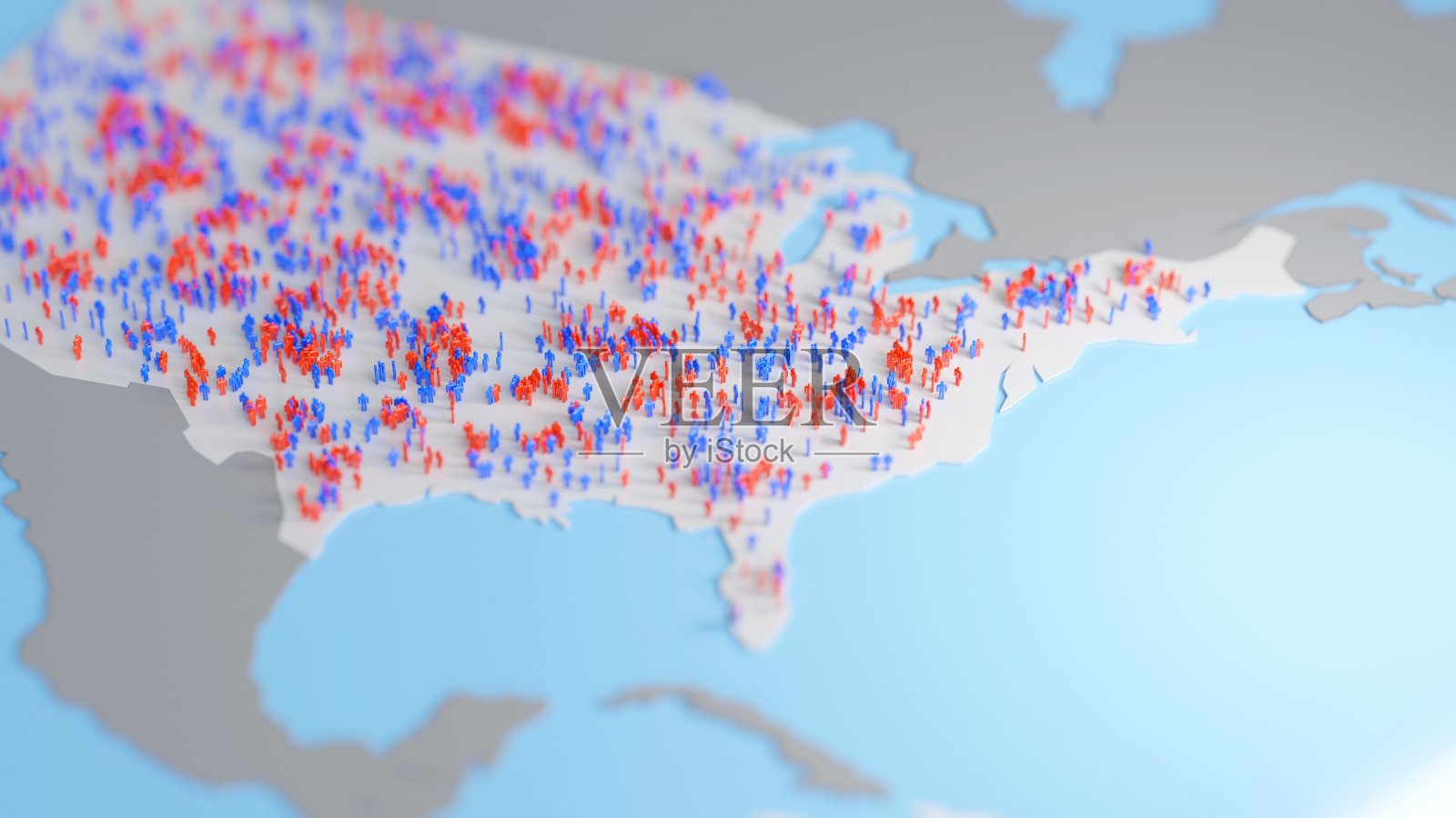 红色和蓝色的简单人形在美国地图上,代表共和党和民主党选民。数字3 d渲染。照片摄影图片