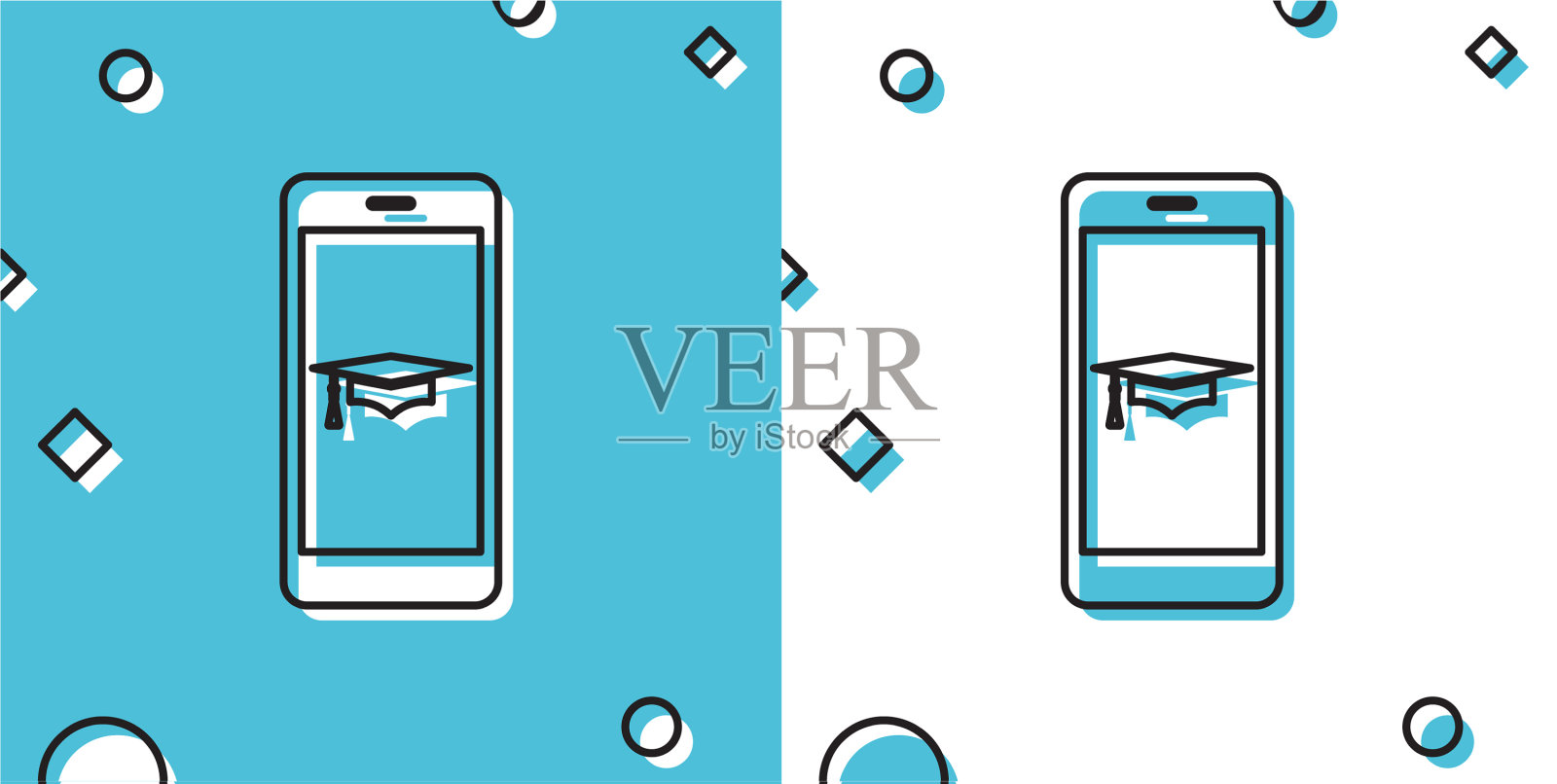 黑色毕业帽和智能手机图标在线插画图片素材