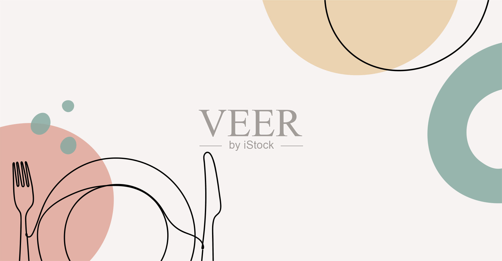 旗帜与一个空盘子在一个手绘线性风格与彩色抽象污渍。插画图片素材