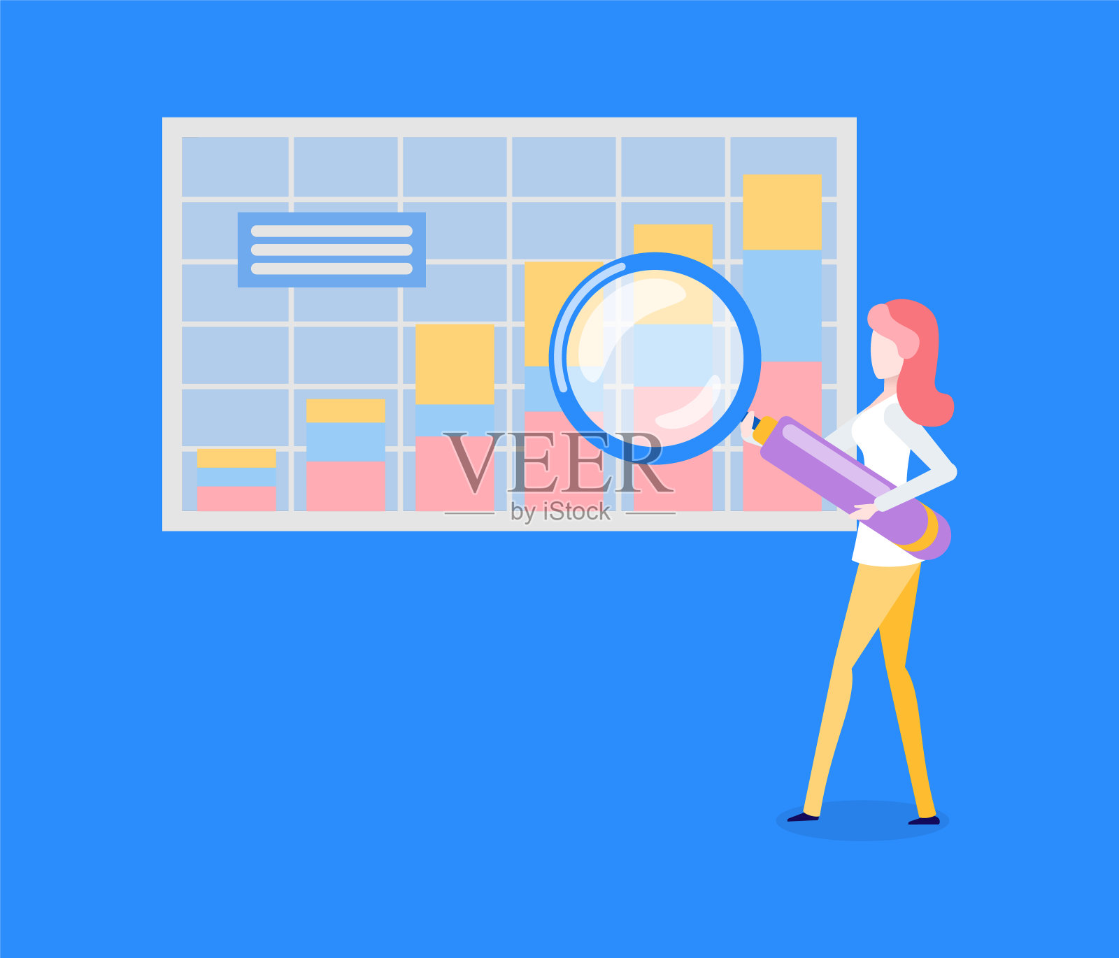 统计图表或图形,妇女与放大器插画图片素材