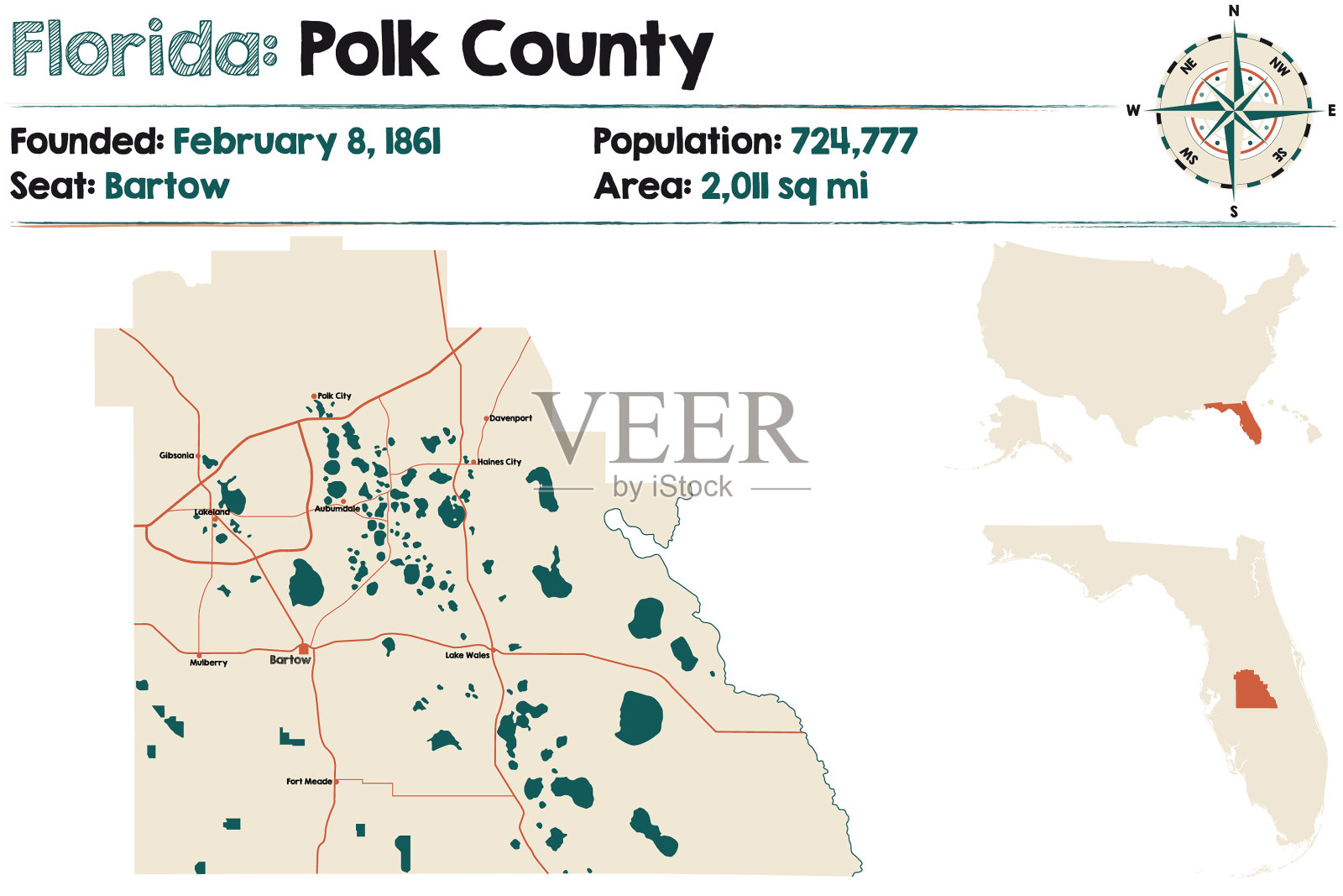 绘制佛罗里达州波尔克县的地图插画图片素材