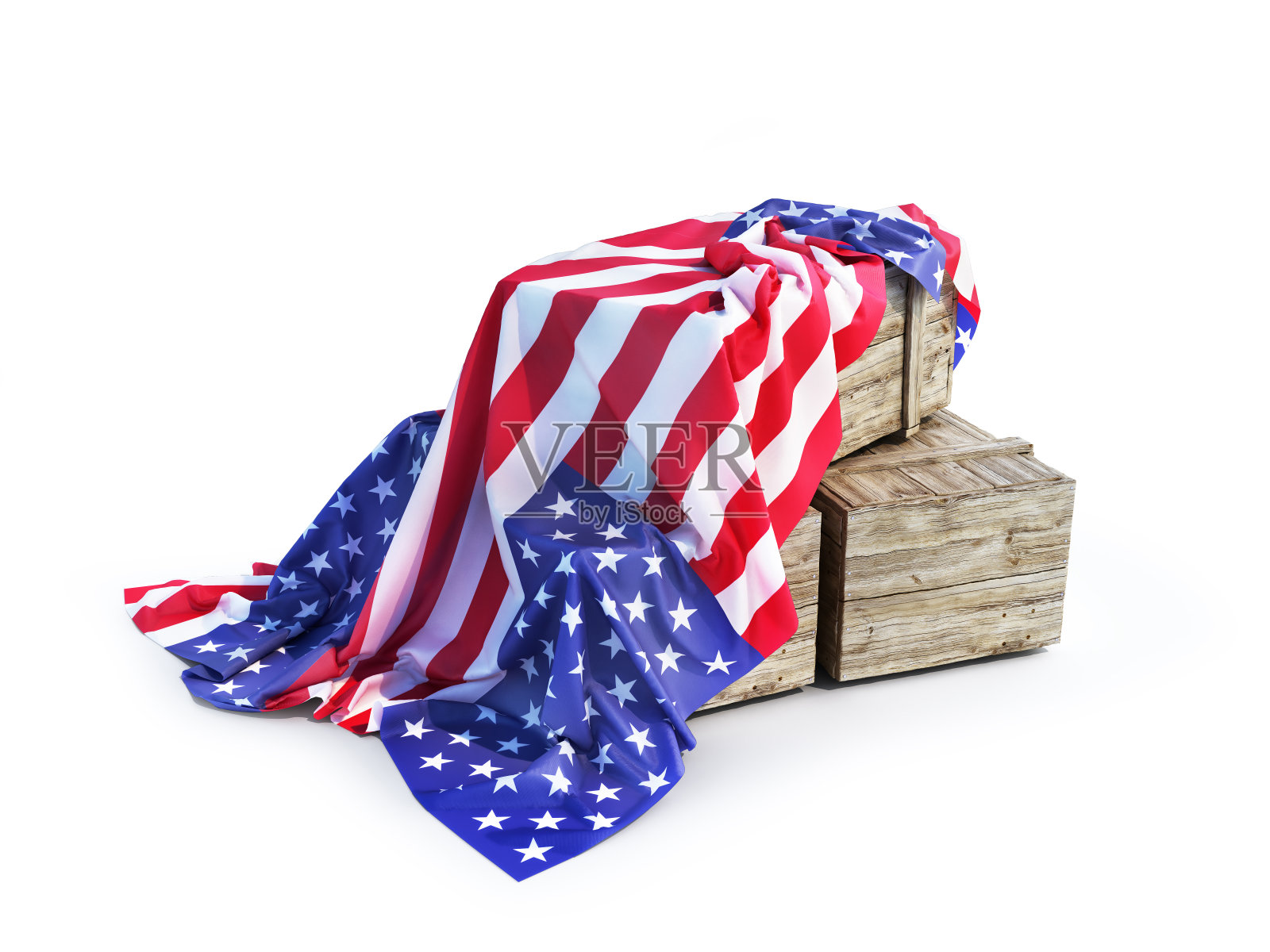 木箱盖上美国国旗隔离。商品的概念。三维演示照片摄影图片