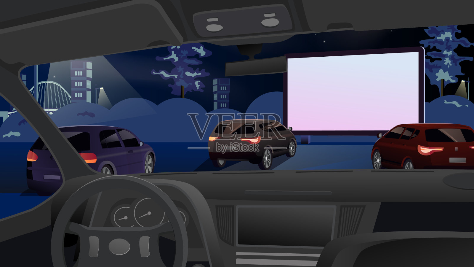 坐在车里在露天电影院看电影。晚上,人们坐在车里在露天停车场看电影。城市娱乐电影节。向量。插图插画图片素材