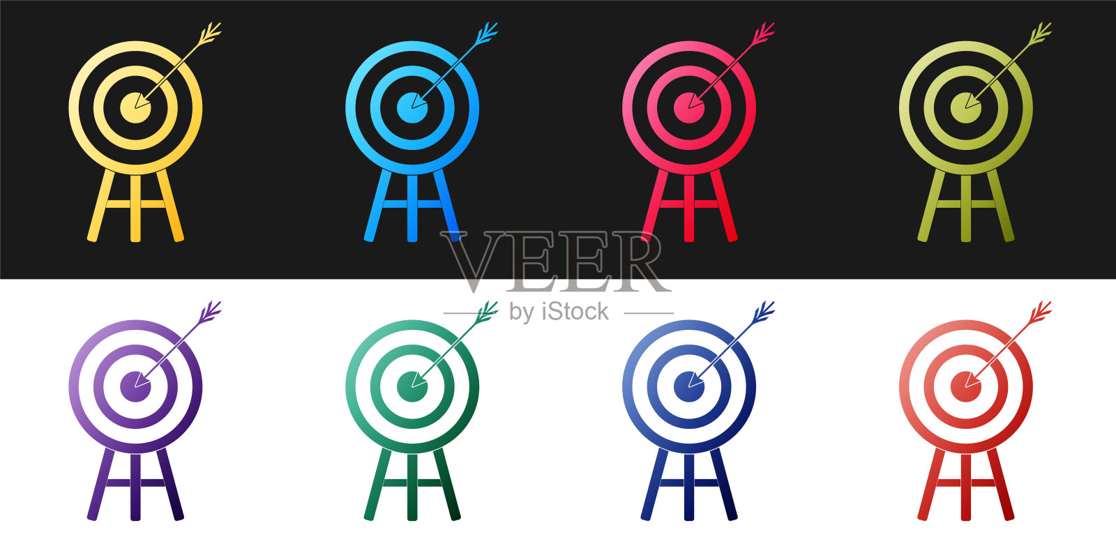 设置目标与箭头图标隔离在黑色和白色背景。飞镖靶信号。射箭板图标。圆靶信号。业务目标的概念。向量插画图片素材