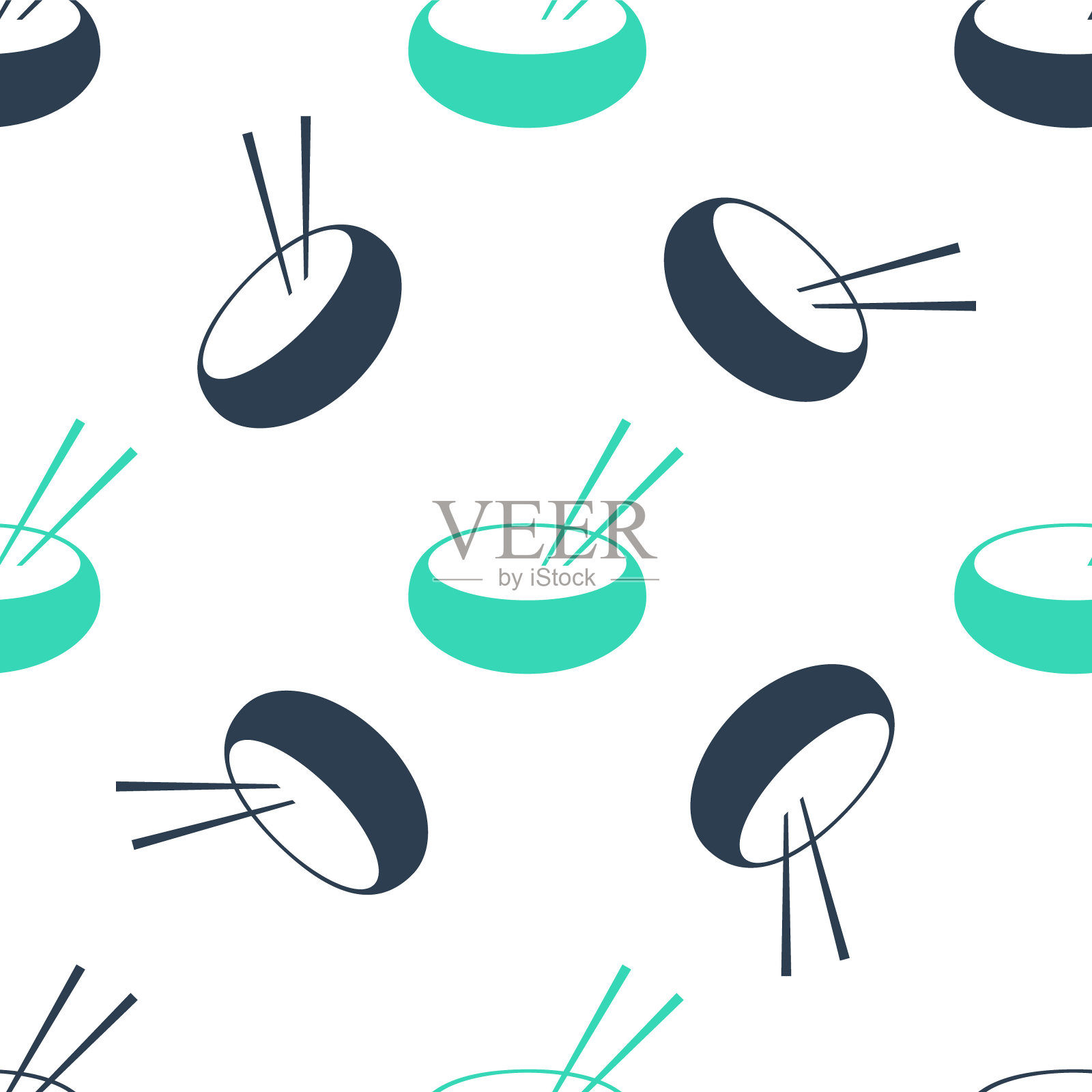 绿色碗与亚洲食物和一双筷子剪影图标孤立无缝模式的白色背景。概念准备,东方饮食。向量插画图片素材